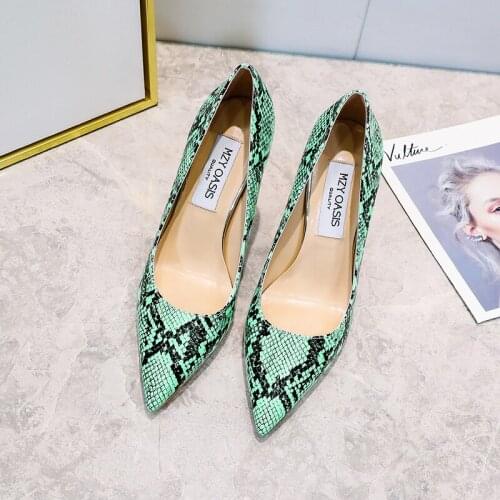 2021 Spring Sexy Stitching Snake Pattern Women Shoes Shallow Female High Heels Shoes Pointed Dress Nightclub Single Shoes Woman