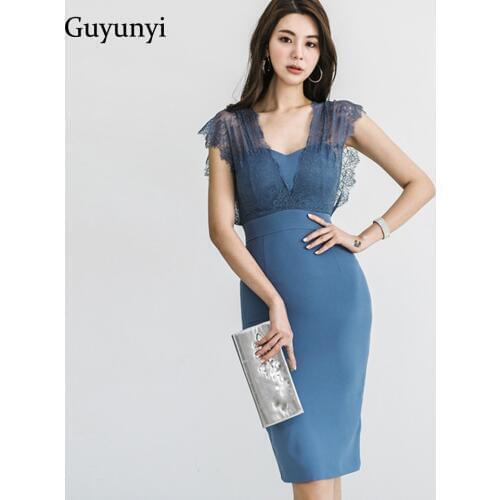 Blue Elegant Office Dress 2019 Summer Pencil Sexy V-Neck Sleeveless Lace Decorative High Waist Slim Party Dress Women
