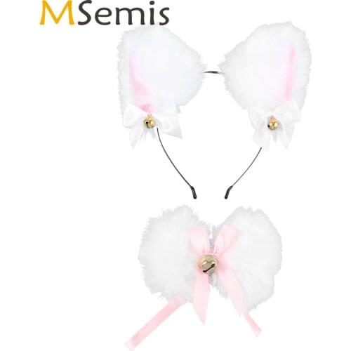 Women Sexy Lingerie Cosplay Exotic Accessories Set Naughty Cat Ear Plush Hair Hoop with Bowknot Bells Collar Femme Porno Costume