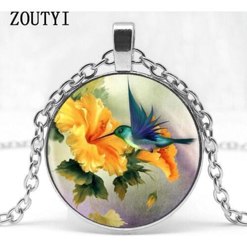 2018/ hot sale, flower branch hummingbird glass pendant necklace, men and women wear necklace jewelry