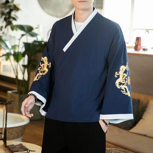 #4338 Blue White Cotton Linen Kimono Coat Man Chinese Style Vintage Kimono Jacket Plus Size5XL Outerwear Jacket Long Sleeve Thin