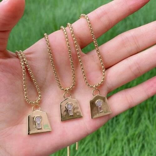 5Pcs Fashion Gold Plated Cubic Zircon Lock Pendant Charm Necklace Padlock Box Chain Necklace Dainty Charms Choker Jewelry