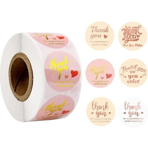 500pcs/roll Thank You Stickers Handmade Sticker with Heart Circle Pink Stationery Stickers for Gift Box Envelope Seal Labels