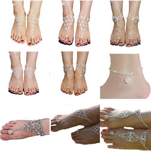 AE-CANFLY Shiny Rhinestone Anklet Chain Long Crystal Barefoot Sandals Gridding Bridal Anklet Bracelet Beach Foot Jewelry 1PC