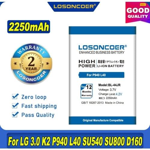 100% Original LOSONCOER 2250mAh BL-44JR Mobile Phone Battery For LG 3.0 K2 P940 SU540 SU800 D160 L40 BL 44JR BL44JR Battery