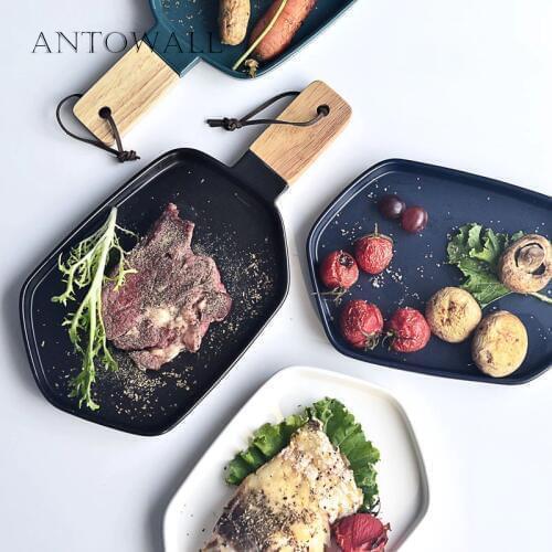 ANTOWALL Matte Glaze 4 Colors Ceramic Tableware Nordic Dinner Steak Plate Dessert Food Plate with Wooden Handle Home Dinnerware