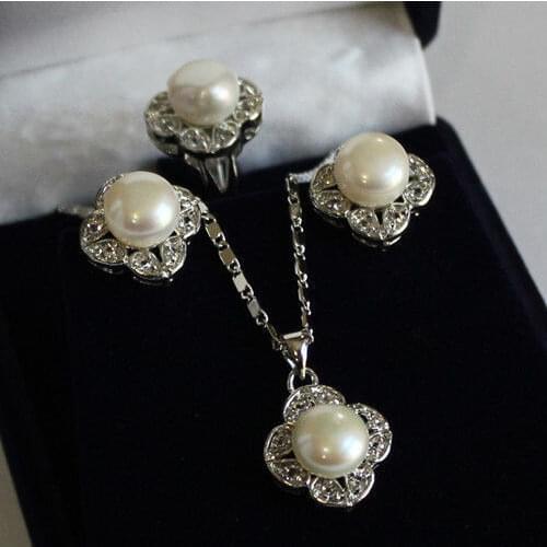 Free Shipping Set 18KGP black white shell Pearl Pendant Necklace Earring ring A673 ()