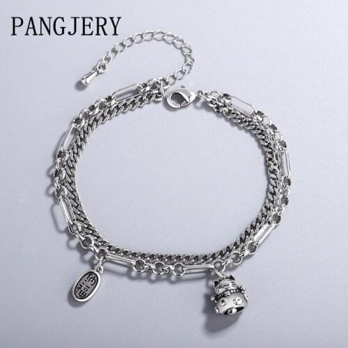 PANGJERY 925 Sterling Silver Lucky Cat Bracelets for Women INS Fashion Simple Double Layer Fortune Card Engagement Jewelry Gifts