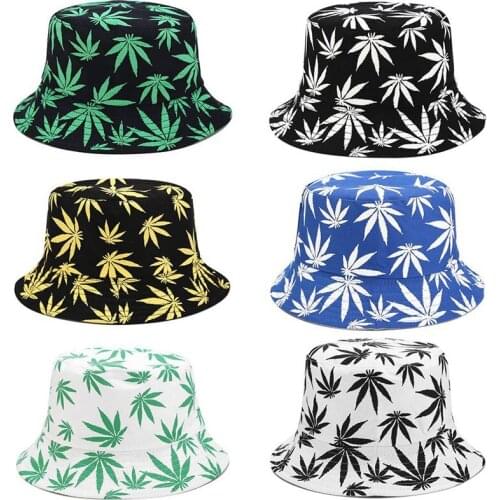 Fashion Maple Leaf Print Double-Sided Fisherman Hat Men And Women Hip Hop Wild Hemp Leaf Basin Hat Outdoor Sun Caps