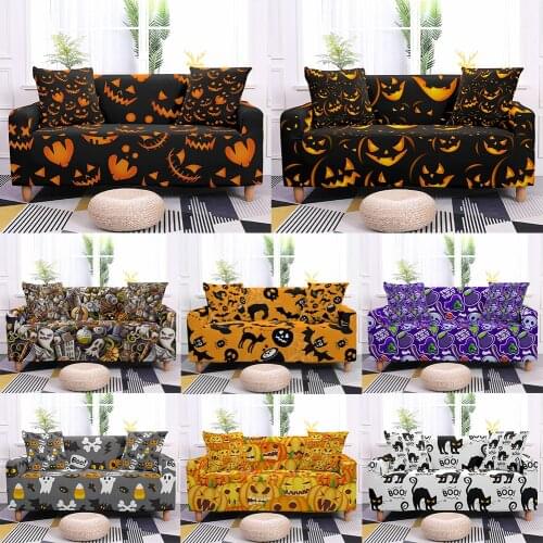 Halloween Pumpkin Ghost Cartoon Pattern Elastic Sofa Cover for Living Room Single Loveseat Sofa Slipcover Universal Couch Cover