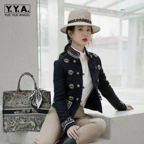 Epaulette Navy Style Long Sleeve Sailor Collar Women Short Jackets Fashion Horn Button Embroidery Slim Fit Female Outwear Coats