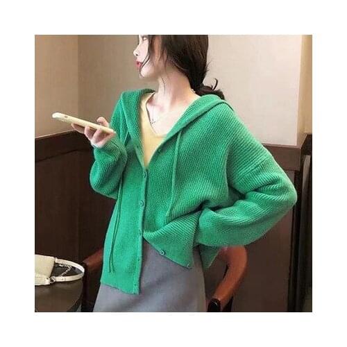 Pink Green Cardigan Sweater Coat Casual Ladies New 2021 Knitwear Coats Hooded Cardigans Femme Button Outwear