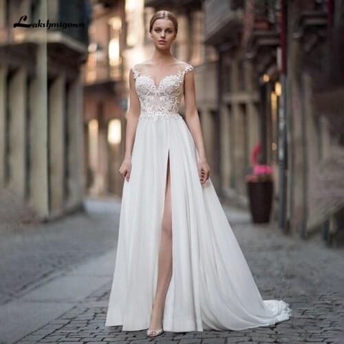 Lakshmigown Sexy Beach Wedding Dresses Vestido De Noiva 2021 Straps Side Split Chiffon Boho Wedding Dress Robe De Mariage