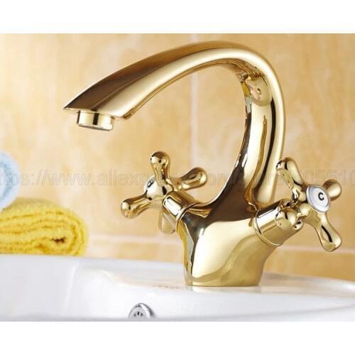 Gold Color Brass Bathroom Basin Faucet Lavatory Sink Tap Mixer Double Cross Handle Bath Tap Hot and Cold Mixer Tap znf231