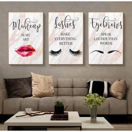 Fashion Canvas Makeup Quote Art Poster Print Eyelash Eyebrow Lips Marble Painting Nordic Wall Picture for Living Room Decoration