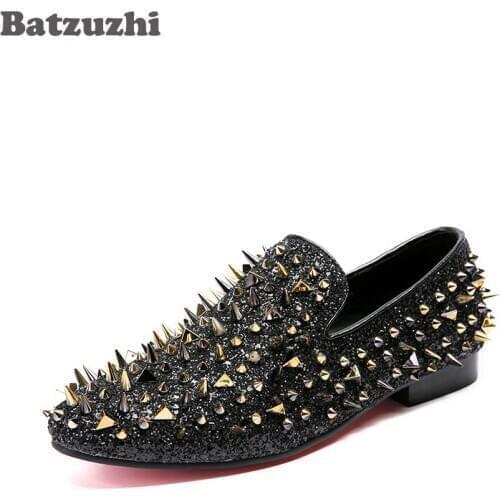 Batzuzhi Fashion Men Shoes Runway Spikes Men Shoes Loafers Rivets Casual Dress Shoes Men Flats Suede Handmade, Size 38-46