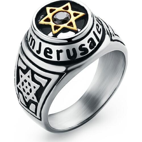 Valily Mens Jerusalem Ring Six-Star Hexagon Ring Red Stone Stainless Steel Religious Holy Place Silver--Color Ring for Men