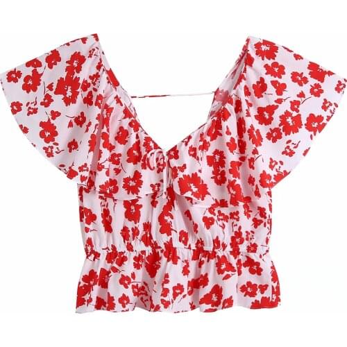 ZA New Retro Blouse Women High Waisted Slim Sleeveless V-neck Open Back Shirt Ruffle Decoration Casual Tops XITIMEAO