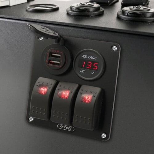 Rocker 3 Gang Switch Panel with 12V-24V Voltmeter USB Charger for Boat SUV