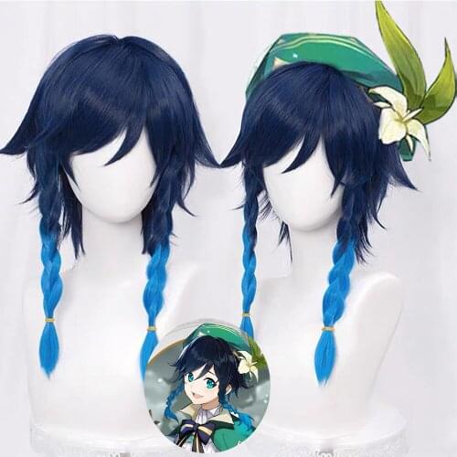 Genshin Impact Venti Cosplay Unisex 50cm Blue Wig Cosplay Anime Cosplay Braid Wigs Heat Resistant Synthetic Wigs Halloween