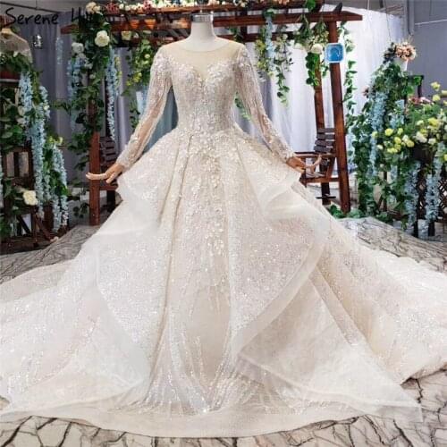 Serene Hill Luxury Long Sleeves Champagne Sexy Wedding Dress 2020 Dubai Handmade Flowers Sequins Bridal Gown Custom Made CHX0117