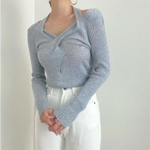 Alien Kitty Elastic Bare Shoulders Sexy Sweaters Halter Slim Full Sleeves 2021 OL Chic New Jumper Pullovers Fashion Women Tops