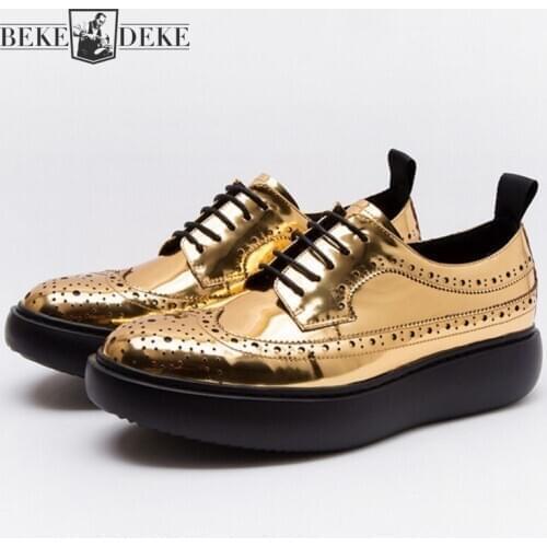 Fashion Mens Footwear Carved Brogue Shoes Lace Up Thick Bottom Height Increase Shoe Designer Punk Casual Genuine Leather Shoes