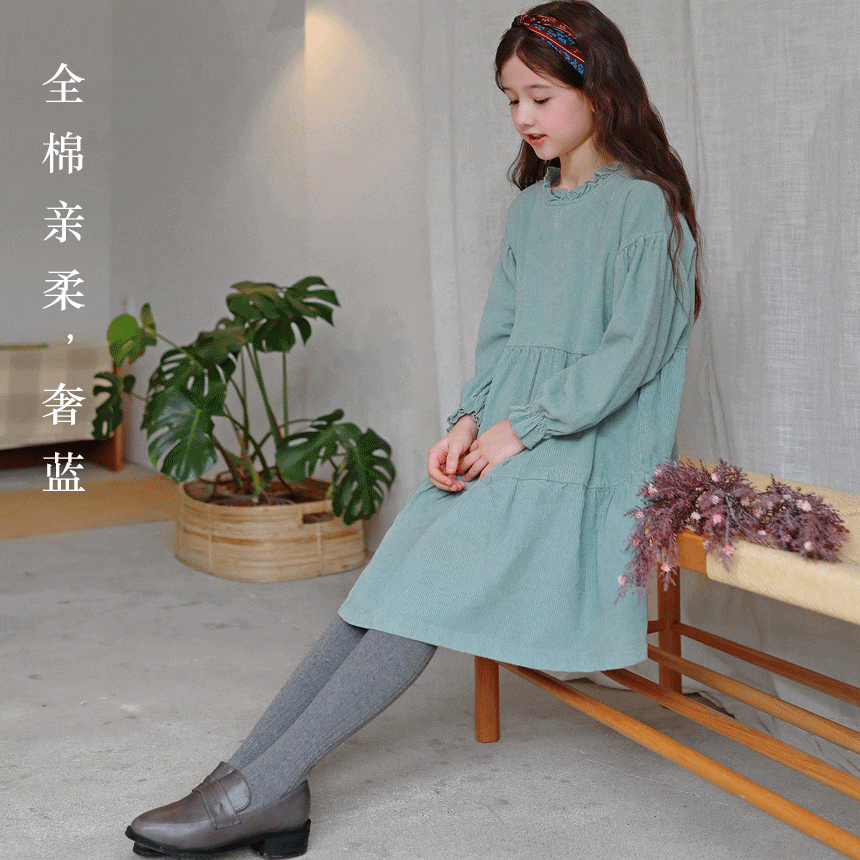 2021 Spring Teen Mid Length Corduroy Girls Dress Elegant Casual Children Clothing Solid Kids Cotton Soft Clothes Fashion, #9310