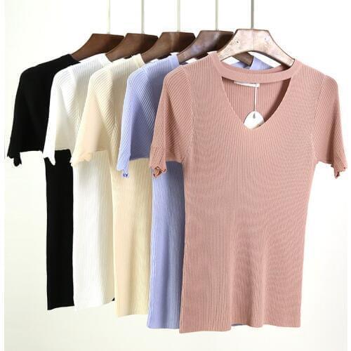 Ice Silk Summer Short Sleeve Knitted Shirt Women Sweater Jumper Pullover Cut Out V Neck Chunky Choker Sweaters pull femme 1612