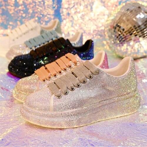 S Spring and autumn ladies leather rhinestone shoes sports leisure ins wind increased thick bottom white shoes