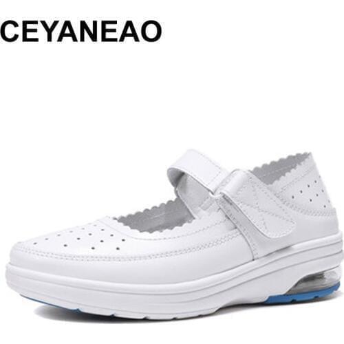 CEYANEAO Genuine Leather Women Flat Platform Shoes Round Toe White Nurse Work Shoes Woman Cut-out Female Loafers Moccasins Shoes