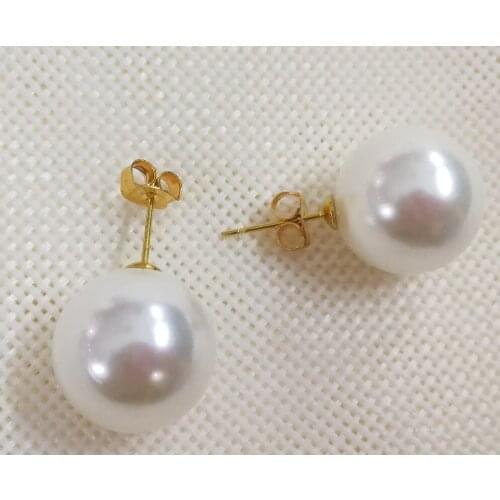 12mm white shell pearl Women Jewelry gold Stud Earrings round beads Natural South Sea Shell Pearl