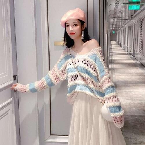 Women Sweet Girl Hollow Out Stripe Sweater 2021 Spring Lady V Neck Contrast Color Ruffles Knitwear Tassel Knit Pullover Thin Top