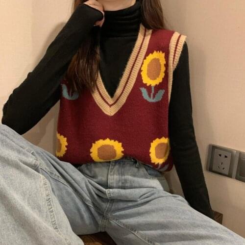 Womens sunflower knitted vest sweater V-neck sleeveless autumn and winter vest vest