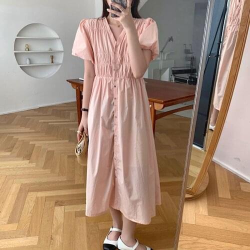 2021 Summer New Korean One-Piece Fashion WomenS Dress Sweet V-Neck Pleated Elastic Waist Single-Breasted Puff Sleeve Pink Dress