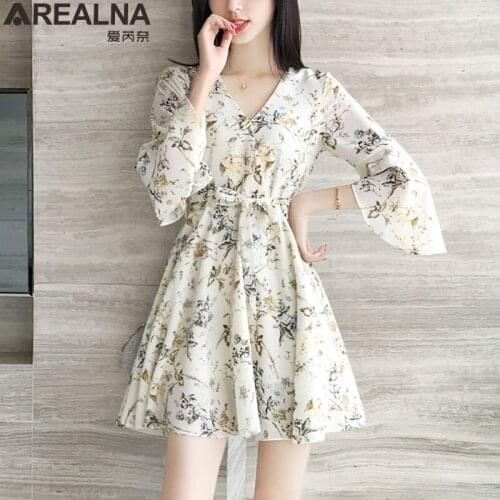 Summer dress 2020 floral Print V-Neck Chiffon mini Dress Women Sweet Ruffle Sleeeve Slim Dresses Casual Drawstring Woman Dress