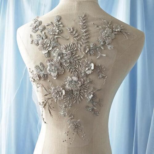 1 pc Grey 3D Hot Drilling Embroidery Lace Flower Decals Dress Diy Clothing Apparel Decorative Accessories
