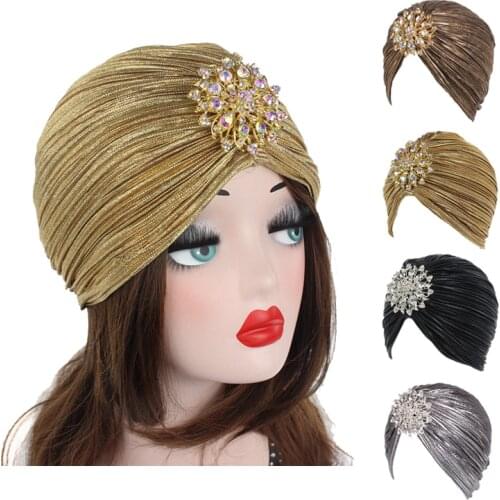 2020 New Fashion Ladies Gold Silver Diamond Jewel Turban Hats For Women Chemo Bandana Hijab Pleated Indian Cap Turbante Hat