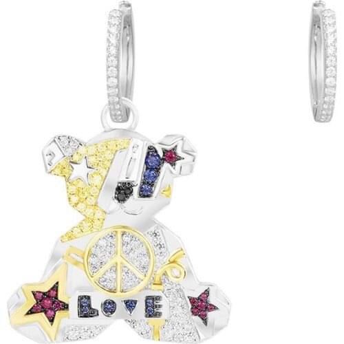 SLJELY 925 Sterling Silver Asymmetric Pop Teddy Bear Earrings Pave Peace Symbol Multicolor Cubic Zirconia Stones for Women Girls