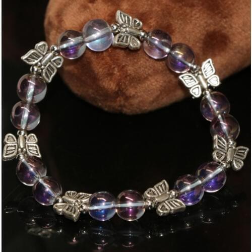 Bohemia style pretty butterfly accessories 8mm purple eletcroplate crystal bracelets women round beads jewelry 7.5inch B2149