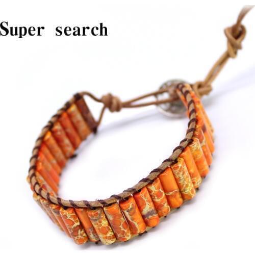 Natural Stone Single Leather Rope Wrap Bracelet Bohemian Bracelet Tube Shape Women Orange Beaded Couples Bracelet Dropshipping