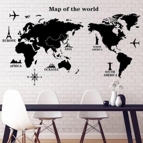 Black world map wall sticker PVC Material DIY wall decals for Living room sofa background wall study decoration stickers