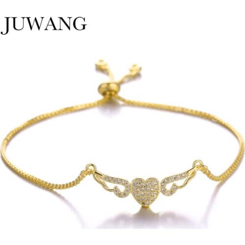 JUWANG Cubic Zirconia 26 Heart Angle Wing Charm Bracelet for Woman Femme Copper Chain Adjustable Bracelets Fashion Jewelry