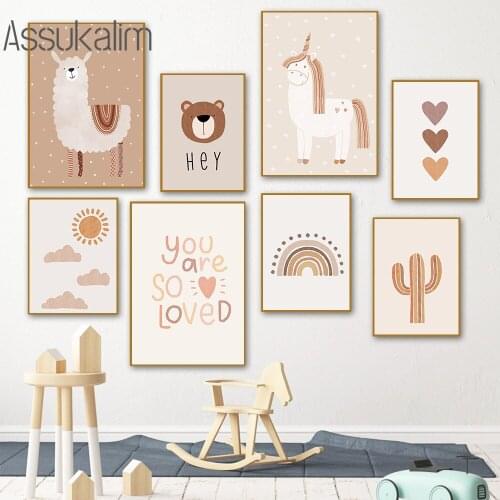 Nursery Wall Art Canvas Painting Alpaca Unicorn Posters Rainbow Sun Prints Heart Paintings Quotes Pictures Kids Bedroom Decor