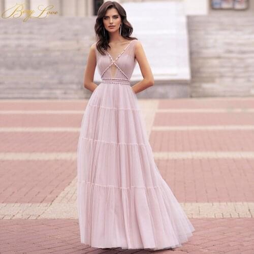 Blush Pink Evening Dress Pearls Prom V neck Gown Bead Nude Tulle Bodice Bead Crisscross A line Young Girls Formal Dress New Gown