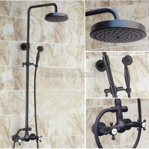 Classic Black Oil Rubbed Bronze Bathroom Rainfall Shower Set Faucet + Dual Handles Mixer Tap + Hand Spray Wall Mounted Wrs496