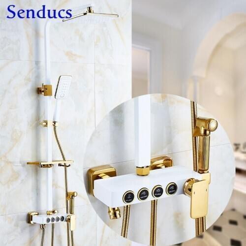 Bathroom Shower Set Senducs Rainfall Bathroom Shower Mixer System Quality ABS Hand Shower Head White Gold Bath Shower Set