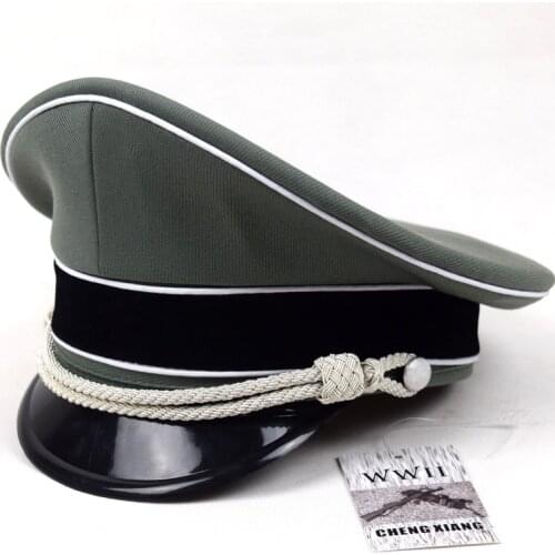 WW2 German Elite Whipcord Officer Hat Cap SILVER CHIN BULLION CORDS W HAT SWEAT RING MADE OF LEATHER