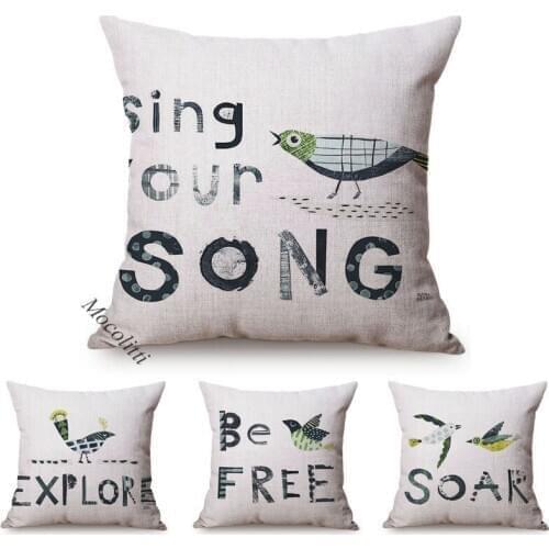 Nordic Small Fresh Home Decoration Cushion Cover Bird Letter Pattern Cotton Linen Room Bedroom Sofa Throw Pillow Case Kussenhoes