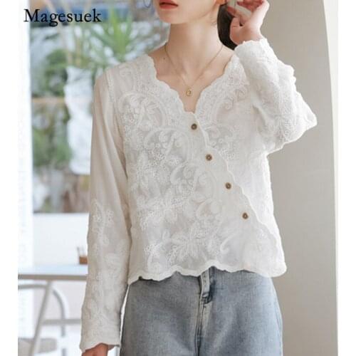 New Spring Long Sleeve White Blouse Women Clothing V Neck Button Casual Shirts For Women Elegant Loose Female Blouses Tops 13332